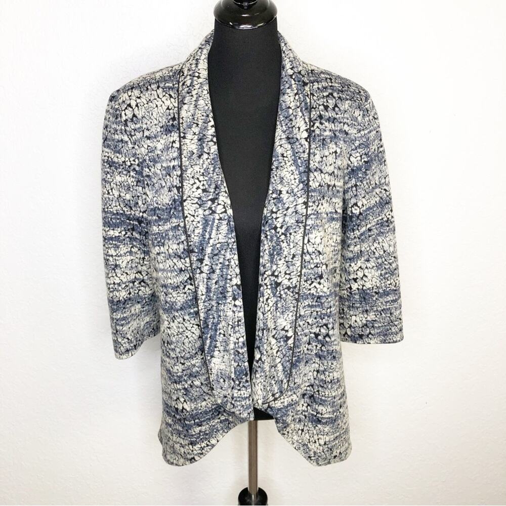 Alberto Makali cream black blue graphic print open front blazer size Large